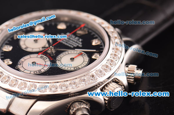 Rolex Daytona Swiss Valjoux 7750-SHG Automatic Diamond Bezel with Black Dial and Black Leather Strap - Click Image to Close